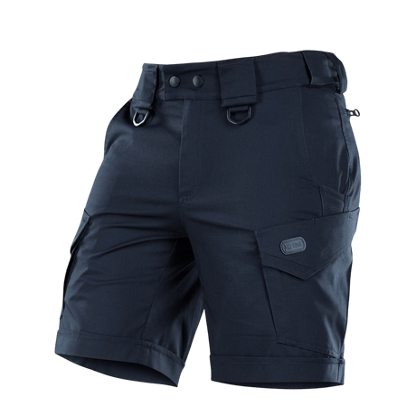 M-Tac Shorts Aggressor Short tummansinisenä, polvipituiset, YKK-vetoketjuilla ja D-renkailla, sopivat kaupunkielämään ja ulkoiluun.