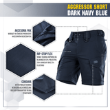 M-Tac Shorts Aggressor Short tummansinisenä taktisin ominaisuuksin, mukaan lukien YKK-vetoketjut ja rip-stop Flex -materiaali.