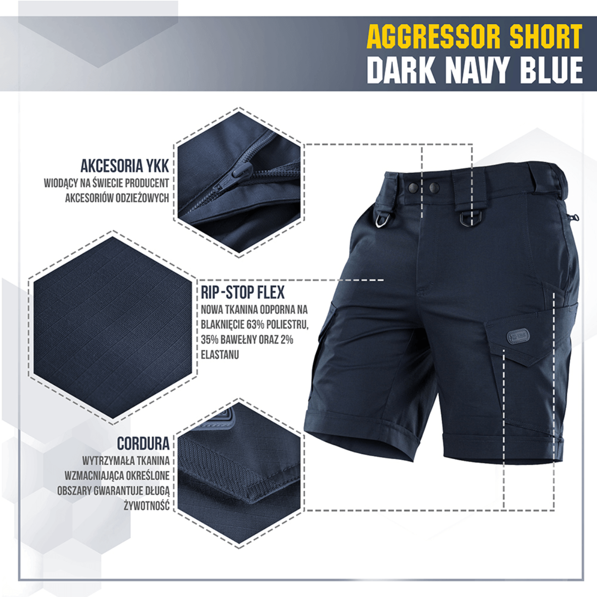 M-Tac Shorts Aggressor Short tummansinisenä taktisin ominaisuuksin, mukaan lukien YKK-vetoketjut ja rip-stop Flex -materiaali.