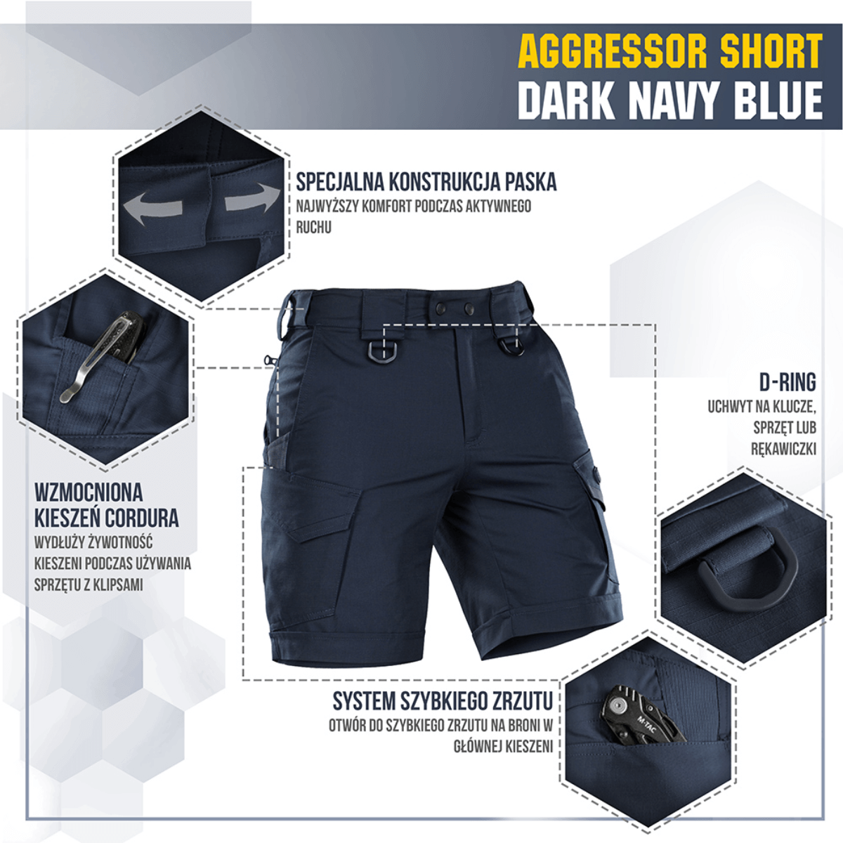 M-Tac Shorts Aggressor Short tummansinisenä taktisin ominaisuuksin ja D-renkaalla, sopiva kaupunki- tai luontokäyttöön, valmistettu joustavasta polycotton Flex rip-stop -materiaalista.