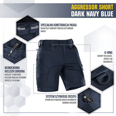 M-Tac Shorts Aggressor Short tummansinisenä taktisin ominaisuuksin ja D-renkaalla, sopiva kaupunki- tai luontokäyttöön, valmistettu joustavasta polycotton Flex rip-stop -materiaalista.
