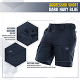 M-Tac Shorts Aggressor Short tummansinisenä taktisin ominaisuuksin ja käytännöllisillä taskuilla, sopii ulkokäyttöön ja mukavuuteen.