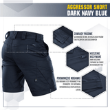 M-Tac Shorts Aggressor Short tummansinisenä, taktisin ominaisuuksin ja YKK-vetoketjuilla, ihanteellinen kesään ja aktiiviseen käyttöön.