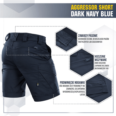 M-Tac Shorts Aggressor Short tummansinisenä, taktisin ominaisuuksin ja YKK-vetoketjuilla, ihanteellinen kesään ja aktiiviseen käyttöön.