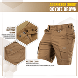 M-Tac Shorts Aggressor Short Coyote Brown -värissä taktisin taskuin ja säädettävin yksityiskohdin, sopii lämpimiin päiviin ja aktiiviseen elämäntapaan.
