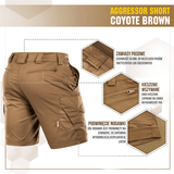 M-Tac Shorts Aggressor Short Coyote Brown -värissä taskudetaljeilla ja toiminnallisilla elementeillä, ihanteellinen taktiseen käyttöön ja lämpimiin sääolosuhteisiin.