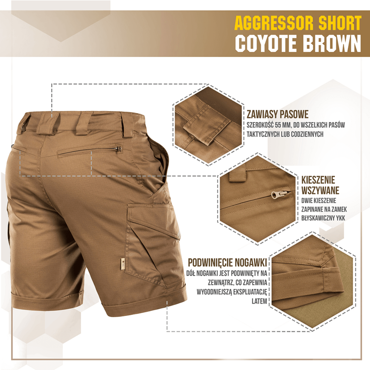 M-Tac Shorts Aggressor Short Coyote Brown -värissä taskudetaljeilla ja toiminnallisilla elementeillä, ihanteellinen taktiseen käyttöön ja lämpimiin sääolosuhteisiin.