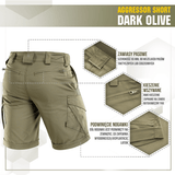 M-Tac Shorts Aggressor Short tummanvihreänä, taktisia ominaisuuksia, sopii kuumiin päiviin, polvenpituinen elastisella polycotton flex rip-stop -materiaalilla
