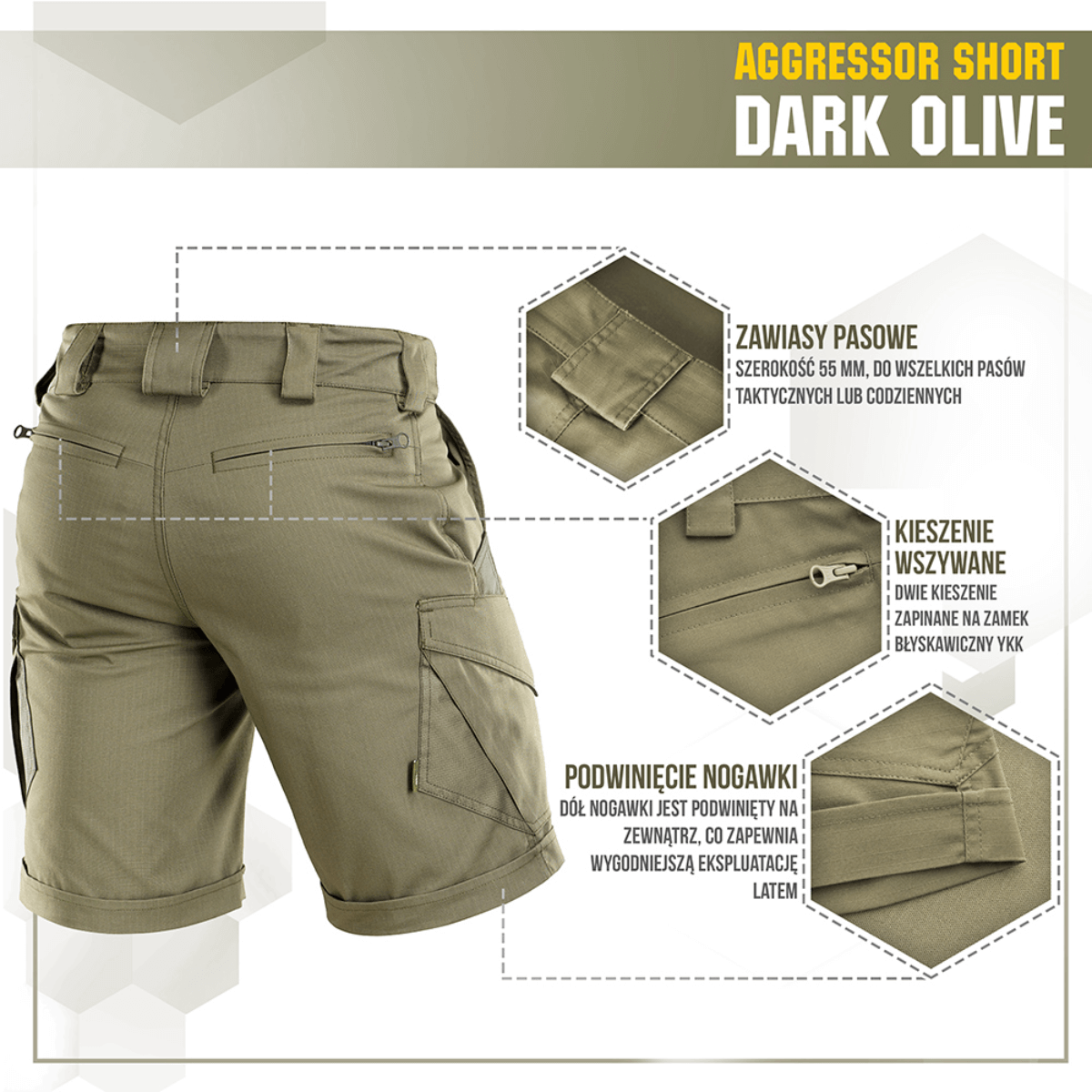 M-Tac Shorts Aggressor Short tummanvihreänä, taktisia ominaisuuksia, sopii kuumiin päiviin, polvenpituinen elastisella polycotton flex rip-stop -materiaalilla