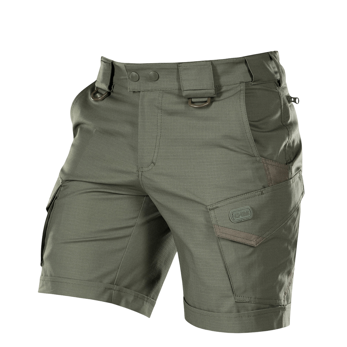 M-Tac Shorts Aggressor Short oliivinvärisenä taktisin ominaisuuksin ja YKK-vetoketjuin, sopivat aktiiviseen kaupunki- tai luontokäyttöön.