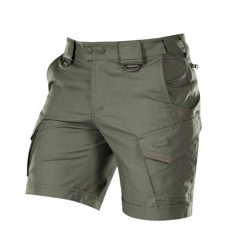 M-Tac Shorts Aggressor Short oliivinvärisenä taktisin ominaisuuksin ja YKK-vetoketjuin, sopivat aktiiviseen kaupunki- tai luontokäyttöön.