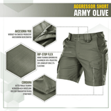 M-Tac Shorts Aggressor Short army-oliivina, kevyt ja kestävä rip-stop flex -materiaalista, taktisia ominaisuuksia kaupunkiin tai luontoon