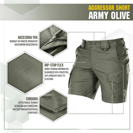 M-Tac Shorts Aggressor Short army-oliivina, kevyt ja kestävä rip-stop flex -materiaalista, taktisia ominaisuuksia kaupunkiin tai luontoon
