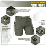 M-Tac Shorts Aggressor Short army-oliivina, taktisia ominaisuuksia, D-renkaat ja YKK-vetoketjut, ihanteellinen kuumaan säähän ja aktiiviseen käyttöön