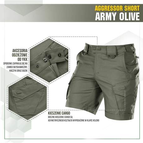 M-Tac Shorts Aggressor Short army-oliivina, taktisia ominaisuuksia, sopii aktiivisiin kevät- ja kesäpäiviin luonnossa tai kaupungissa