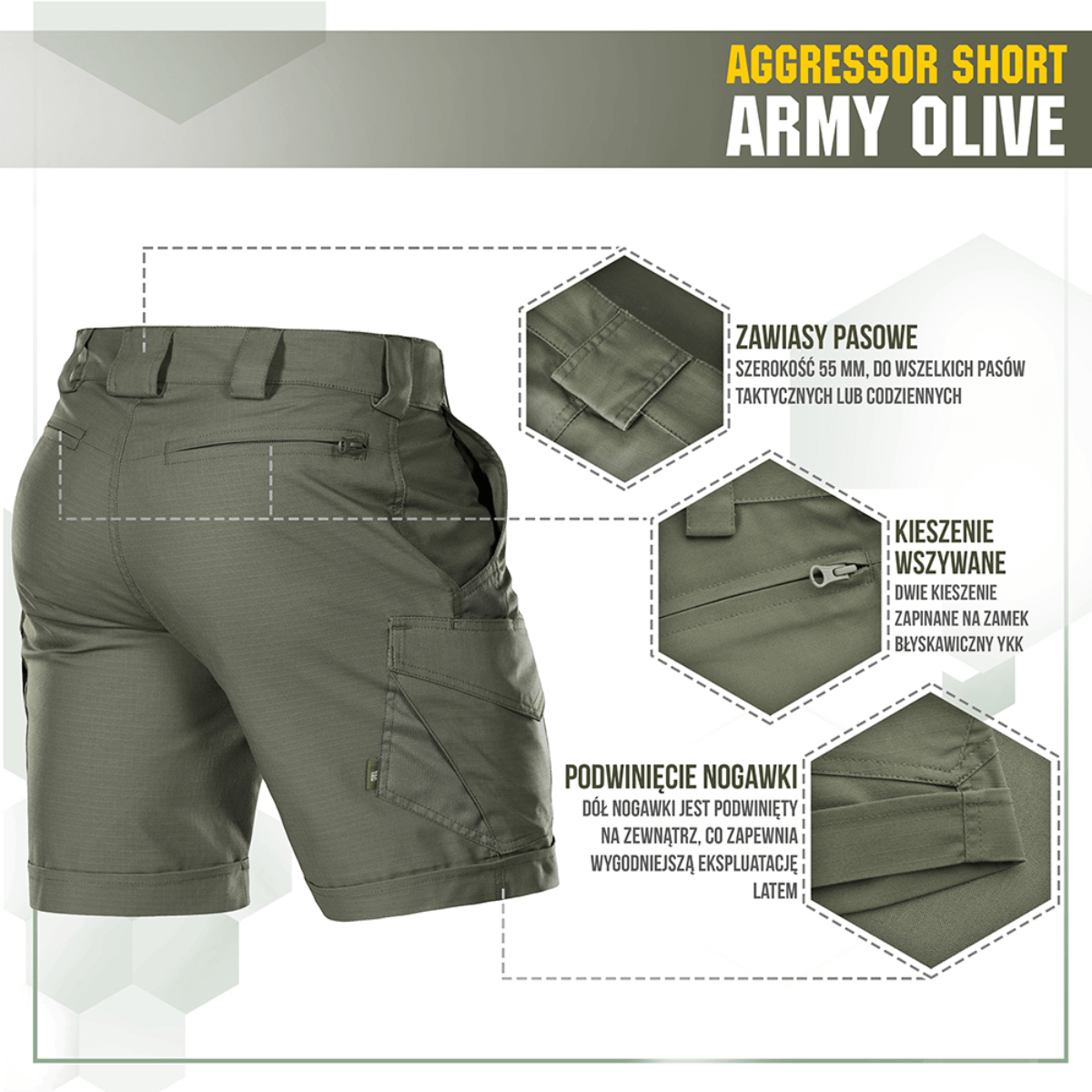 M-Tac Shorts Aggressor Short Army Olive, taktiset polvenpituiset shortsit YKK-vetoketjuilla ja säädettävillä ominaisuuksilla aktiiviseen ulkokäyttöön