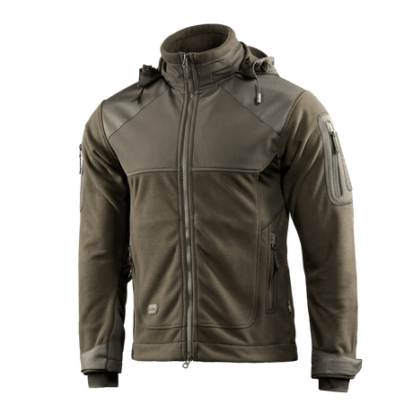 M-Tac Norman Windblock -fleecetakki oliivinvärisenä, suunniteltu mukavuuteen ja lämpöön WindBlock-materiaalilla ja softshell-paneeleilla.