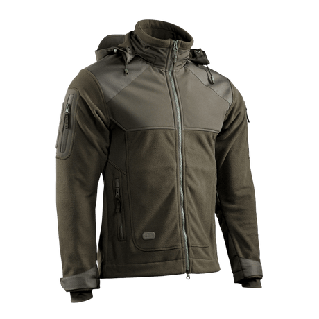 M-Tac Norman Windblock -fleecetakki ruskeana softshell-paneeleilla, suunniteltu maksimaaliseen mukavuuteen, lämpöön ja hengittävyyteen kylmään säähän.