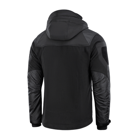 Musta M-Tac Norman Windblock -fleecetakki takaa nähtynä hupulla ja tuulen suojaavilla softshell-paneeleilla.