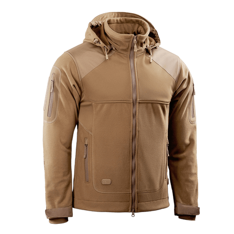 M-Tac Norman Windblock -fleecetakki ruskeana, suunniteltu mukavuuteen ja lämpöön WindBlock-materiaalilla ja softshell-paneeleilla. Sopii kylmään säähän.