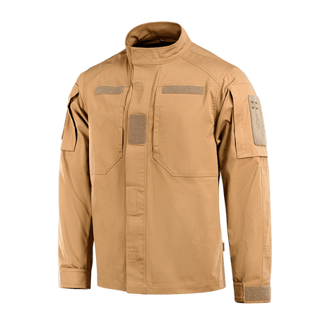 M-Tac Patrol Flex -takki beigenä, Velcro-yksityiskohdilla, pystykraella ja vahvistetulla olkapääosalla, taktiseen käyttöön.