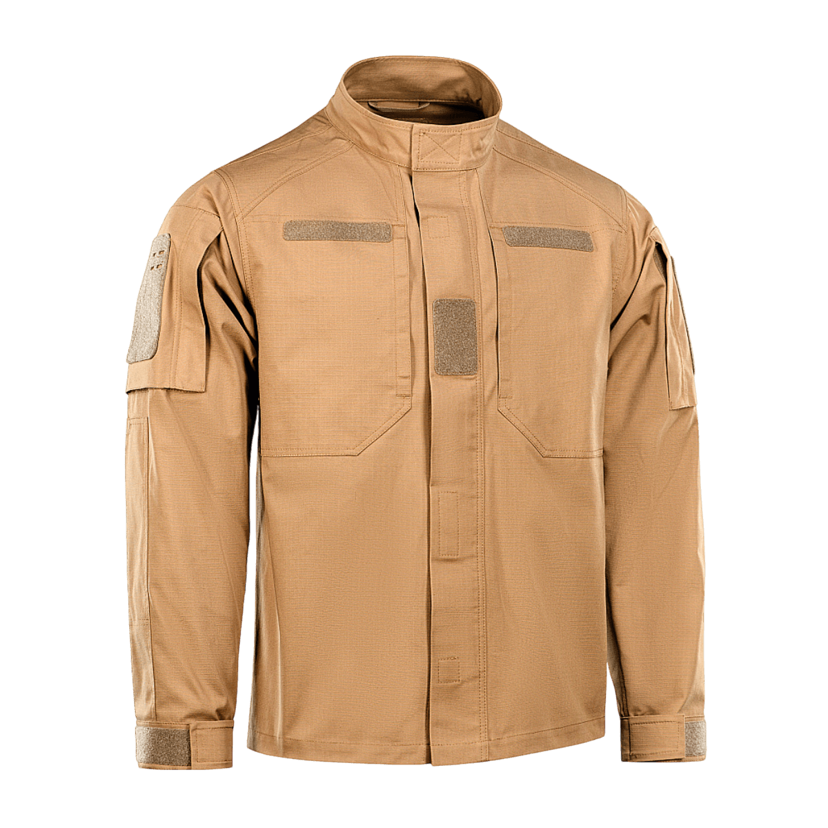 M-Tac Patrol Flex -takki hiekanvärisenä, Velcro-paneelit, YKK-fittingsit ja taktiset yksityiskohdat käytännön käyttöön.