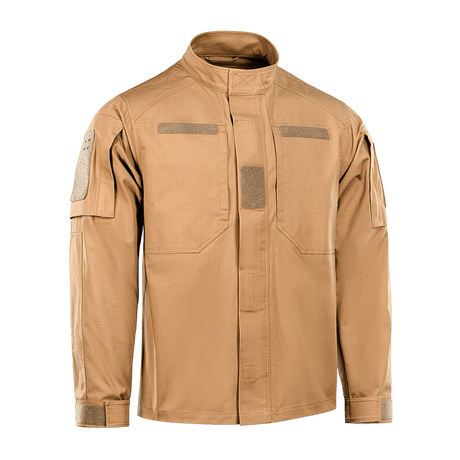 M-Tac Patrol Flex -takki hiekanvärisenä, Velcro-paneelit, YKK-fittingsit ja taktiset yksityiskohdat käytännön käyttöön.