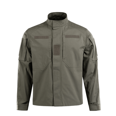 M-Tac Patrol Flex -takki oliivinvihreänä, pystykraella ja Velcro-paneeleilla, taktiseen käyttöön ja käytännöllisyyteen.
