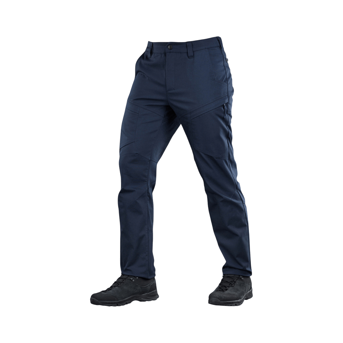 M-Tac Tactical Bukser Patrol Gen II Flex tummansininen, suunniteltu liikkumiseen ja kestävyyteen, edestä nähtynä.