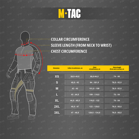 M-Tac Long-sleeve T-shirt 93/7 kokotaulukko, kaula-, hiha- ja rinnanympärysmitat.