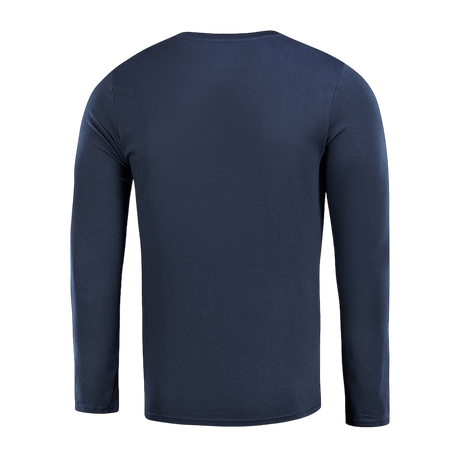 M-Tac Long-sleeve T-shirt 93/7 laivastonsinisenä nähtynä takaa, näyttää kestävän ja joustavan materiaalin sopivaksi urheiluun ja arkeen.