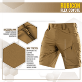 M-Tac Shorts Rubicon Flex Coyote värissä, YKK-vetoketjuilla, cargotaskuilla ja 4-Way Stretch -materiaalilla, suunniteltu mukavuuteen ja monikäyttöisyyteen.