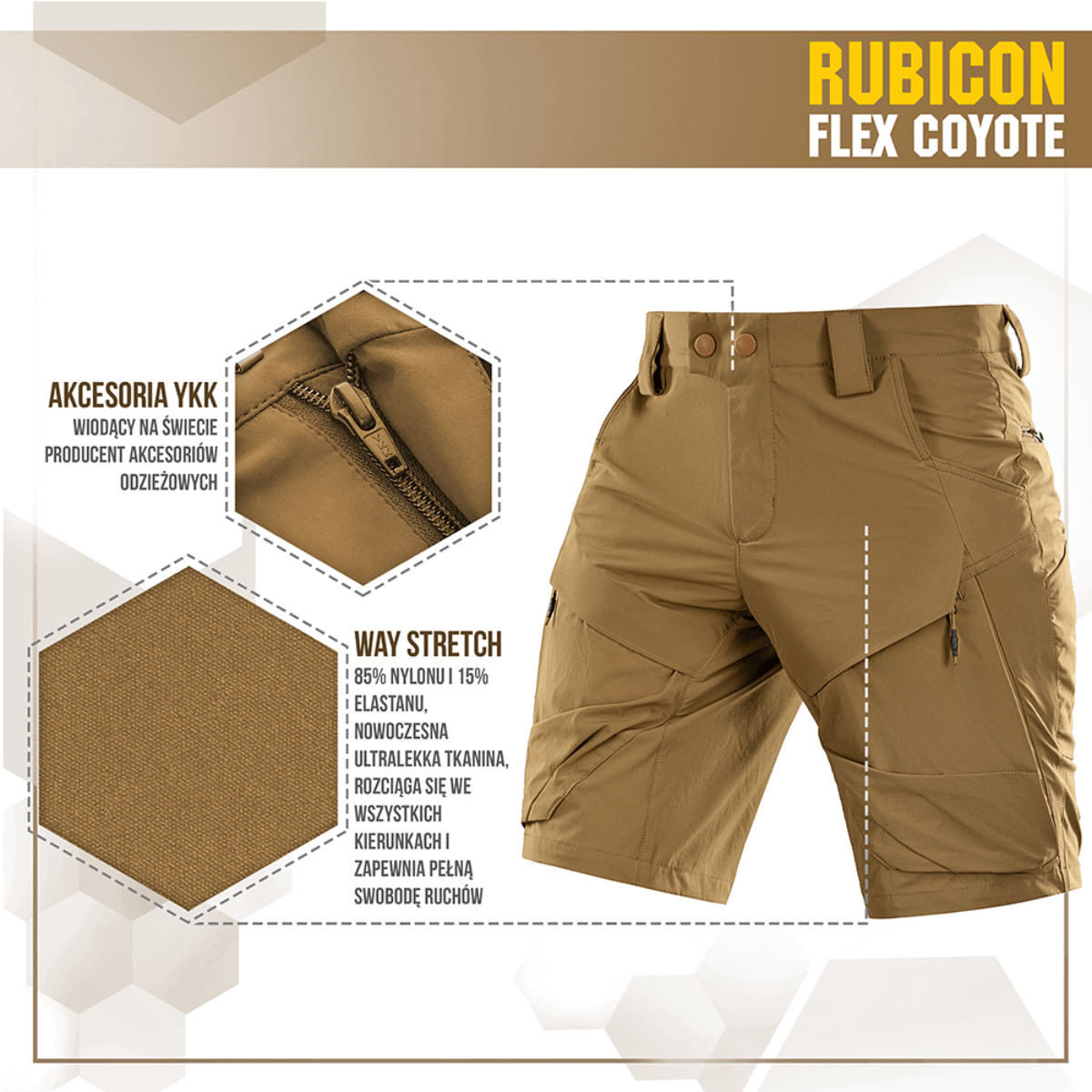 M-Tac Shorts Rubicon Flex Coyote värissä, YKK-vetoketjuilla, cargotaskuilla ja 4-Way Stretch -materiaalilla, suunniteltu mukavuuteen ja monikäyttöisyyteen.