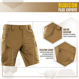 M-Tac Shorts Rubicon Flex tumman oliivinvihreänä, suunniteltu cargotaskuilla maksimaaliseen liikkumisvapauteen, vettä hylkivä ja värinpitävä.