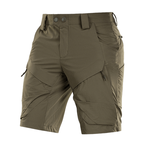 M-Tac Shorts Rubicon Flex tummanoliivinvihreät, cargotaskut, valmistettu 85% nylonista ja 15% spandexista, YKK-vetoketjut, vettä hylkivä.