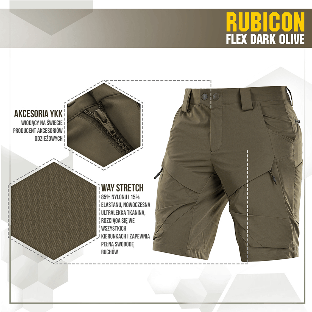 M-Tac Shorts Rubicon Flex tummanoliivinvihreät, cargotaskut, 4-suuntainen jousto ja vettä hylkivät YKK-vetoketjut mukavuuteen ja liikkuvuuteen.