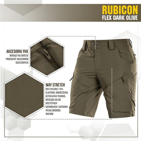 M-Tac Shorts Rubicon Flex tummanoliivinvihreät, cargotaskut, 4-suuntainen jousto ja vettä hylkivät YKK-vetoketjut mukavuuteen ja liikkuvuuteen.