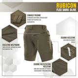 M-Tac Shorts Rubicon Flex tummanoliivinvihreät, cargotaskut ja vettä hylkivä materiaali, ihanteelliset kesään ja maksimaaliseen liikkuvuuteen.