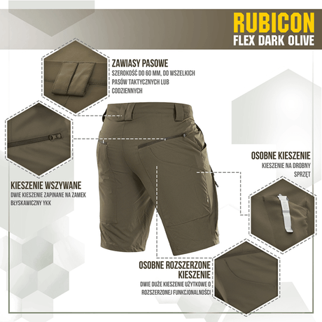 M-Tac Shorts Rubicon Flex tummanoliivinvihreät, cargotaskut ja vettä hylkivä materiaali, ihanteelliset kesään ja maksimaaliseen liikkuvuuteen.