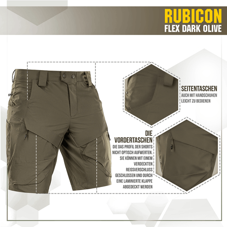 M-Tac Shorts Rubicon Flex tummanoliivinvihreät, cargotyyli ja toiminnalliset taskut, valmistettu 85% nylonista ja 15% spandexista maksimaaliseen mukavuuteen.