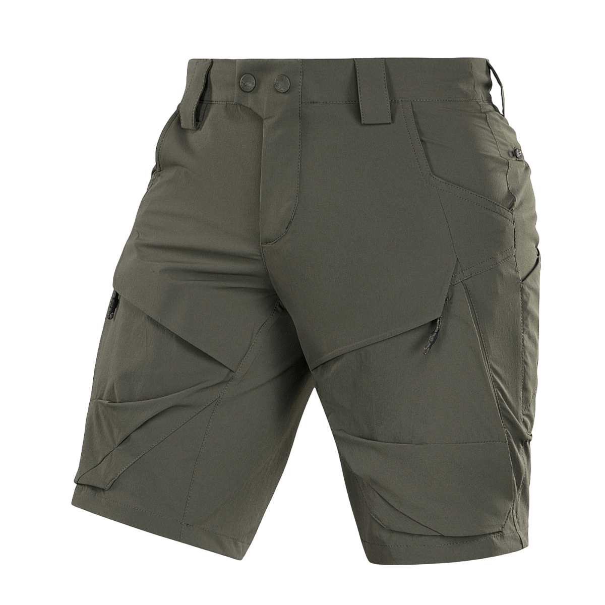 M-Tac Shorts Rubicon Flex tummanoliivinvihreät, cargotaskut ja YKK-vetoketjut, ihanteelliset kesään ja liikkumavapauteen.