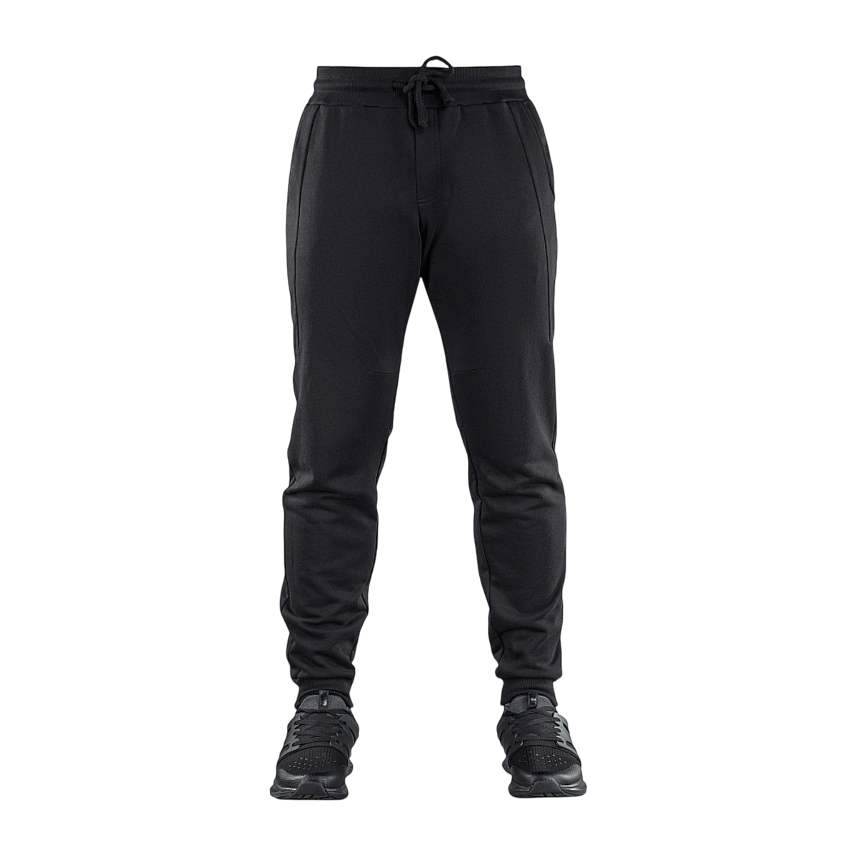 M-Tac Stealth Cotton -housut mustana, monikäyttöiset puuvillahousut urheiluun ja arkeen, kuminauha vyötäröllä ja sivutaskut.