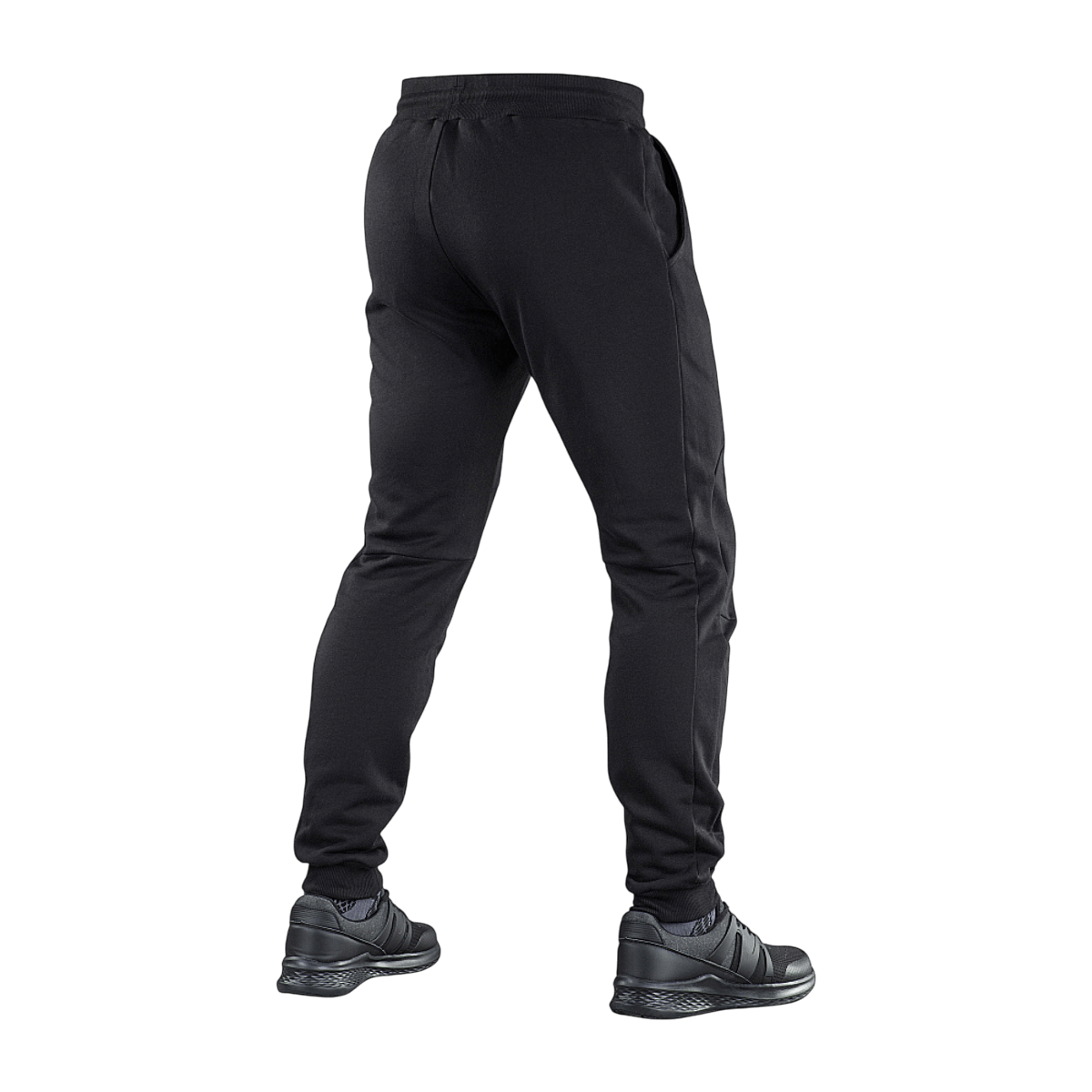 M-Tac Stealth Cotton -housut takaa nähtynä, urheiluhousut 100% puuvillaa, vyötärökuminauha ja sivutaskut, sopivat juoksuun ja arkeen.