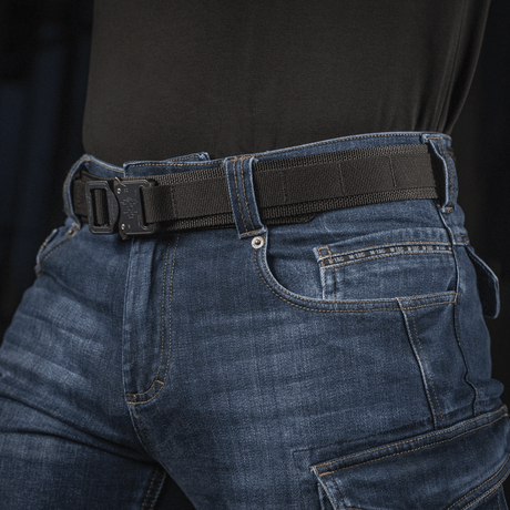 M-Tac Jeans Aggressor taktisella vyöllä ja tilavilla taskuilla kestävässä sinisessä denimissä, mukavuus ja toiminnallisuus