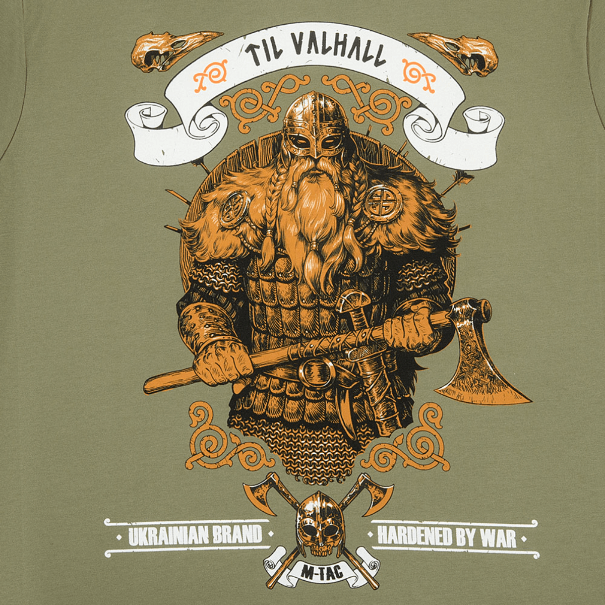 M-Tac T-shirt Viking, pelottava viikinki ja "Til Valhall" -teksti, korostaa taistelutahtoa ja pohjoismaista kulttuuria. 93% puuvillaa.