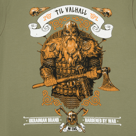 M-Tac T-shirt Viking, pelottava viikinki ja "Til Valhall" -teksti, korostaa taistelutahtoa ja pohjoismaista kulttuuria. 93% puuvillaa.