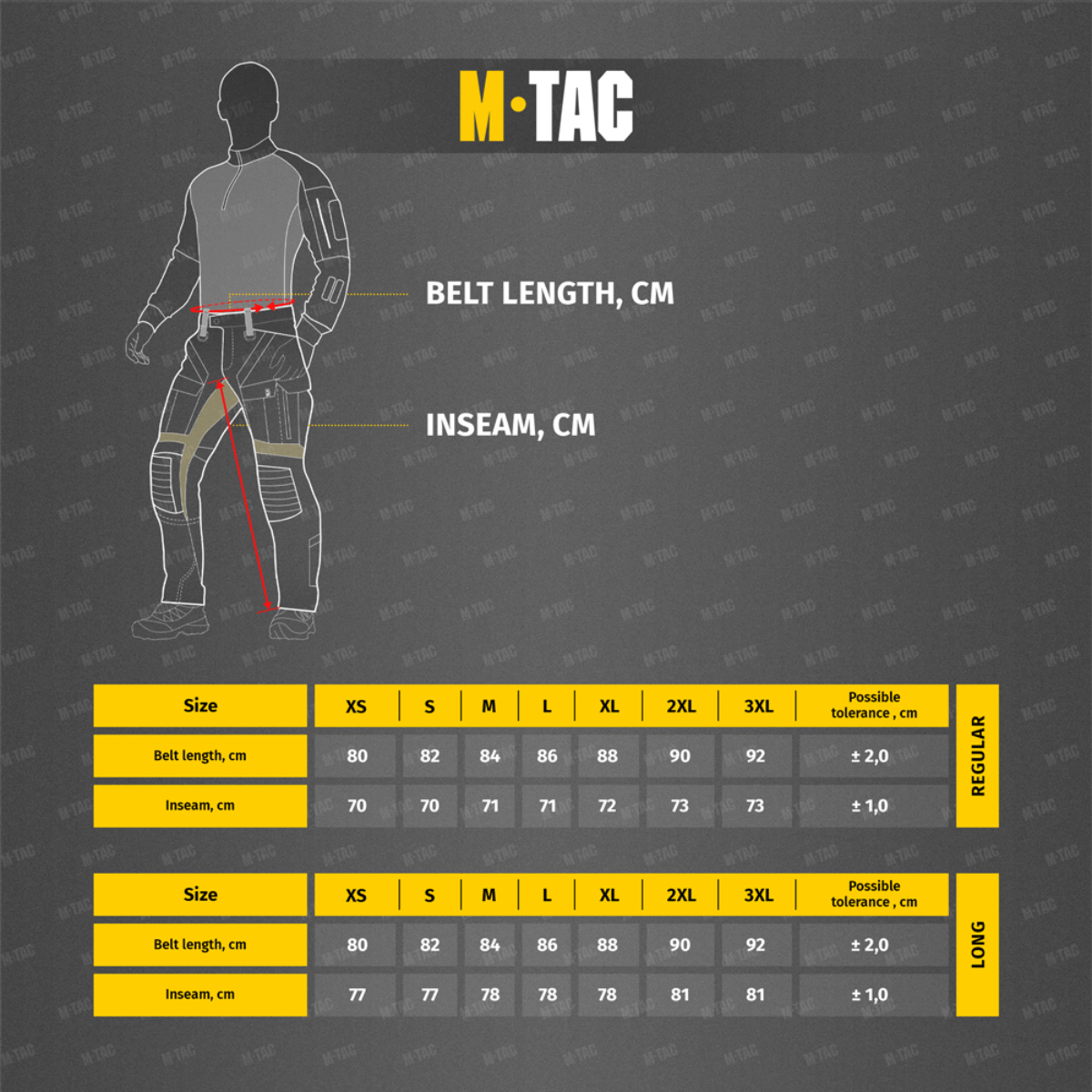 M-Tac Bukser Cotton Classic -kokotaulukko: vyötärön mitta ja lahkeen sisäpituus (cm). Koot XS–3XL, regular ja long.