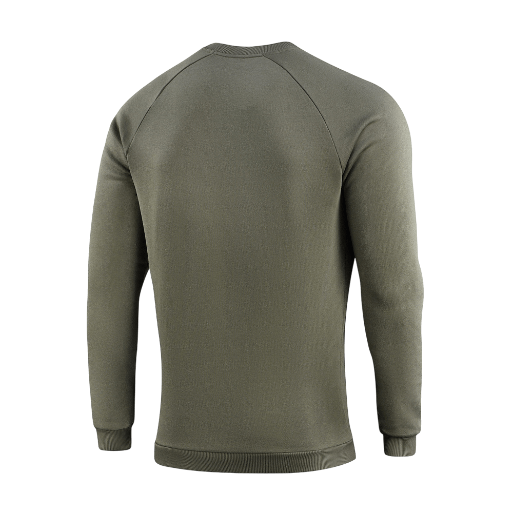 M-Tac Sweatshirt Cotton Hard, oliivinvihreä nähtynä takaa, 100 % puuvillaa, 390 g/m², resorit ja heijastava rintalogo.