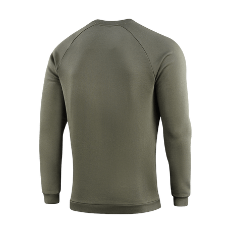 M-Tac Sweatshirt Cotton Hard, oliivinvihreä nähtynä takaa, 100 % puuvillaa, 390 g/m², resorit ja heijastava rintalogo.