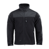 M-Tac Alpha Microfleece Jakke Gen.II mustana, suunniteltu taktiseen käyttöön ja ulkoiluun, olkapäissä ja hihoissa vahvistava nylon.